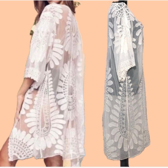 Rebellion Again Small Long Kimono Duster Boho Lace Mesh Cover Up Open Cardigan - Picture 5 of 10